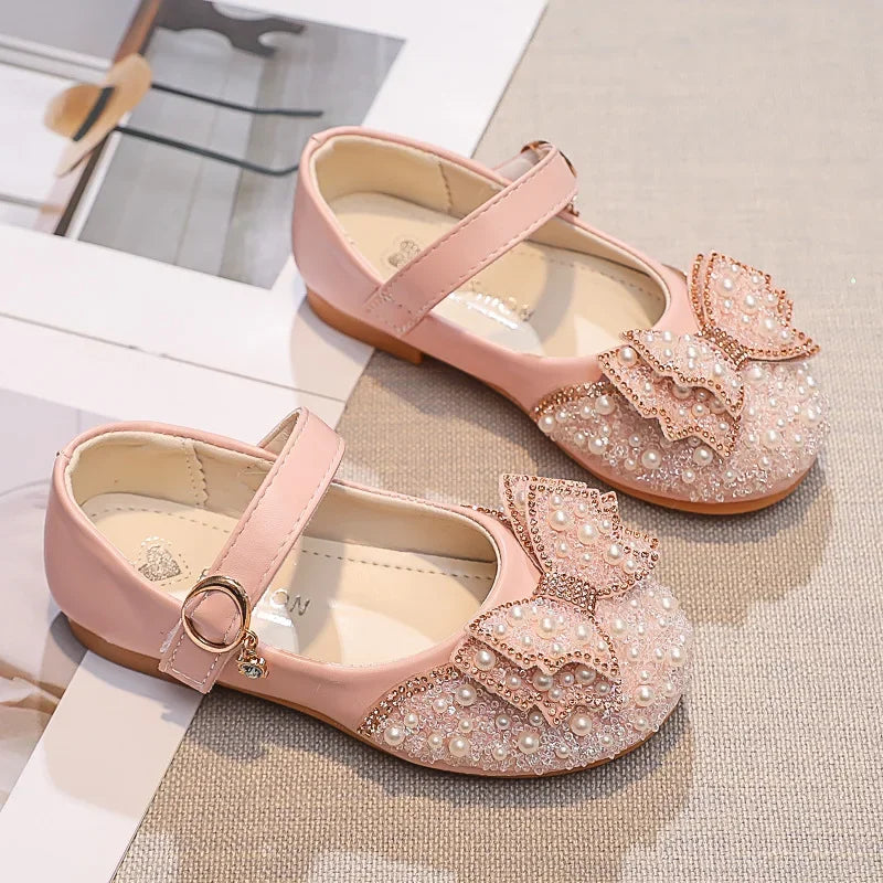 Fashion Girl Glitter Shoes Kids Flat Shoes Sequins Rhinestone Pearl Princess Bowknot Leather Shoes for Student Performance Party