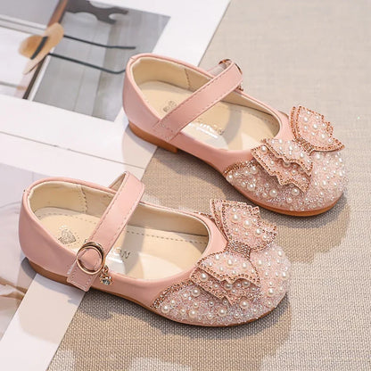 Fashion Girl Glitter Shoes Kids Flat Shoes Sequins Rhinestone Pearl Princess Bowknot Leather Shoes for Student Performance Party