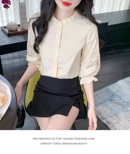 Ele Embroidered ort Sve irt Women's Summer New Design Korean Sle Commute Lantern Sve White irt for Ladies