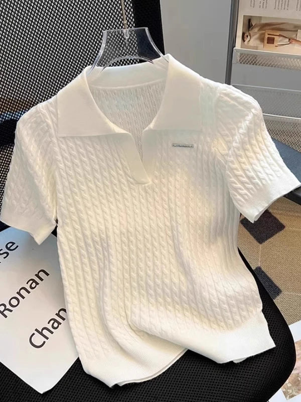 White  irt ort Sve Knitted Top Women's oulder Straight Summer T-irt Commute Sle Korean Version Straight Tube