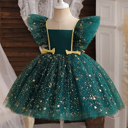 Child's Party Dress Children's Summer Princess Bow Star Sequin Gauze Skirt Girls Skirt Sweet Dress Fashion Kid's Dress Puffy