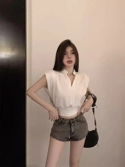 White V-Ne Slim Fit ort Sve T-irt Women's Summer New Sle Small Size Loose Faion Top Korean Sle Commute Wind
