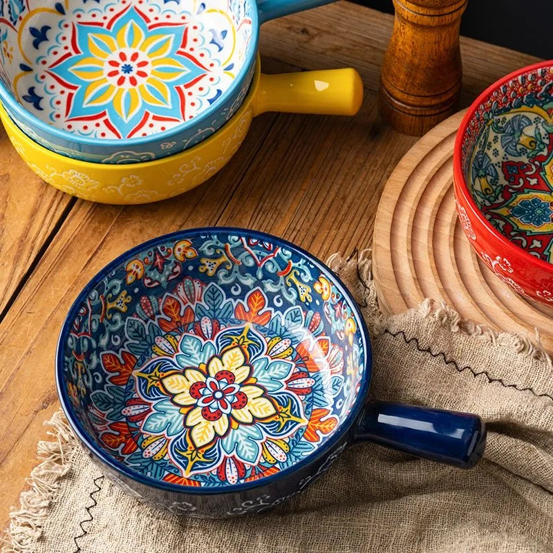 Single Handle Ceramic Noodle Bowl, Bohemian Design, Large Bowl, Creative Restaurant, Household Salad, Dessert Bowl, Home Decorat