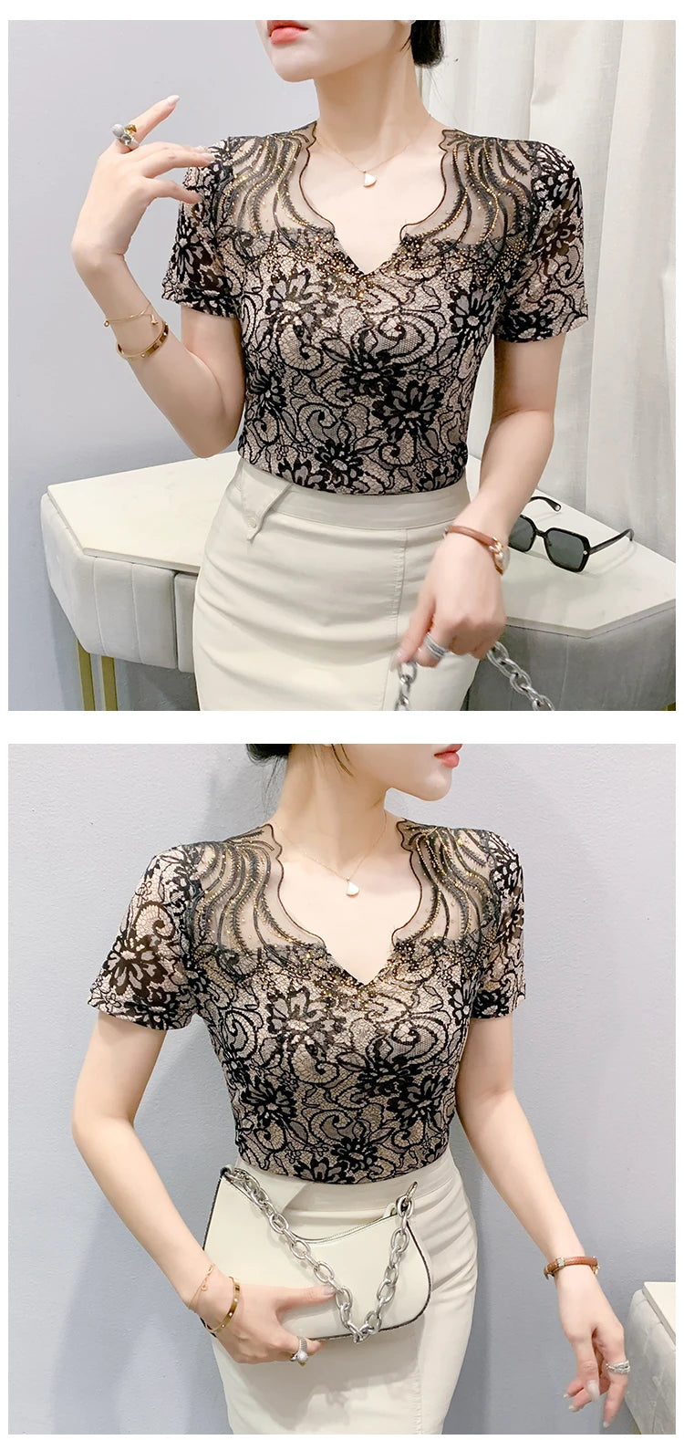 Sexy Hollow out V-Ne Rhinestone ort Sve T-irt Women Summer New Lace Me Top Trendy Anti-Aging Versatile Small irt