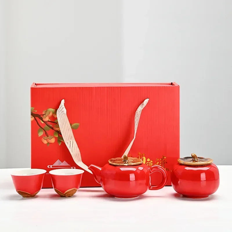 Auspicious Red Ceramic Tea Set Gift Box - Chinese New Year Wedding Corporate Gifts, Good Fortune Design Teapot & Cups