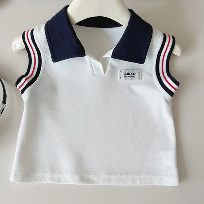 Baby Girl College Style Summer 2PCS Clothes Set Polo Collar Kid Girl Vest Top Set Thin Stylish Stripe Pleated Skirt Belle Outfit