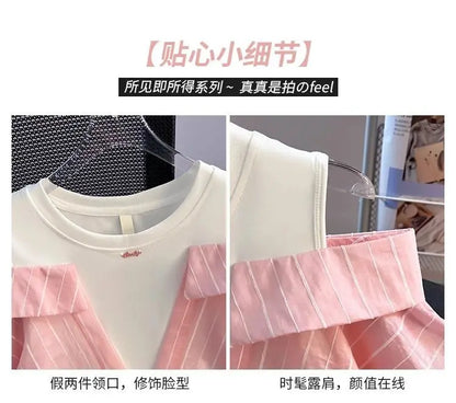Girls' Western style loose fitting shirt new children's off shoulder top T-shirt fake two-piece top