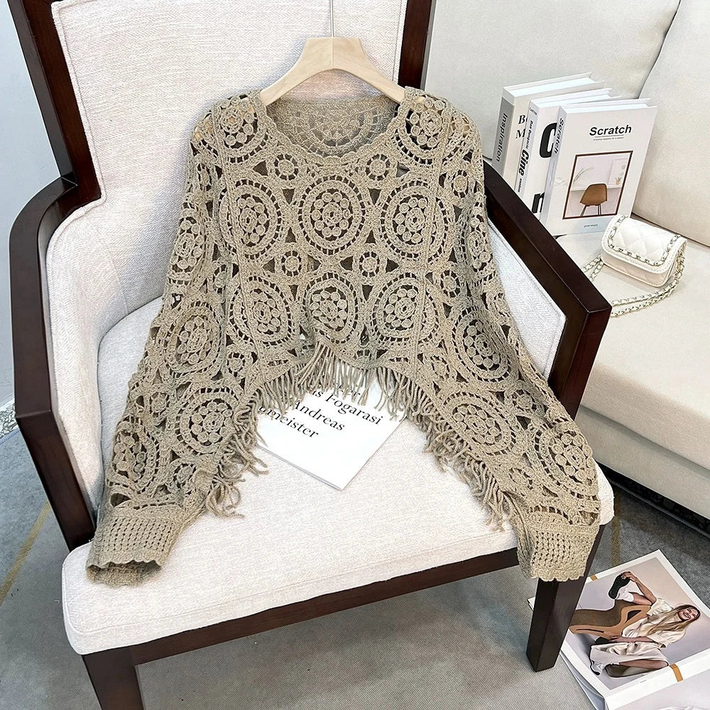 Women Tassel Hook Flower Hollow Out Short Knitting Retro Ethnic Style Round Neck Knitted Female Fashion Loose Top Spring Summer