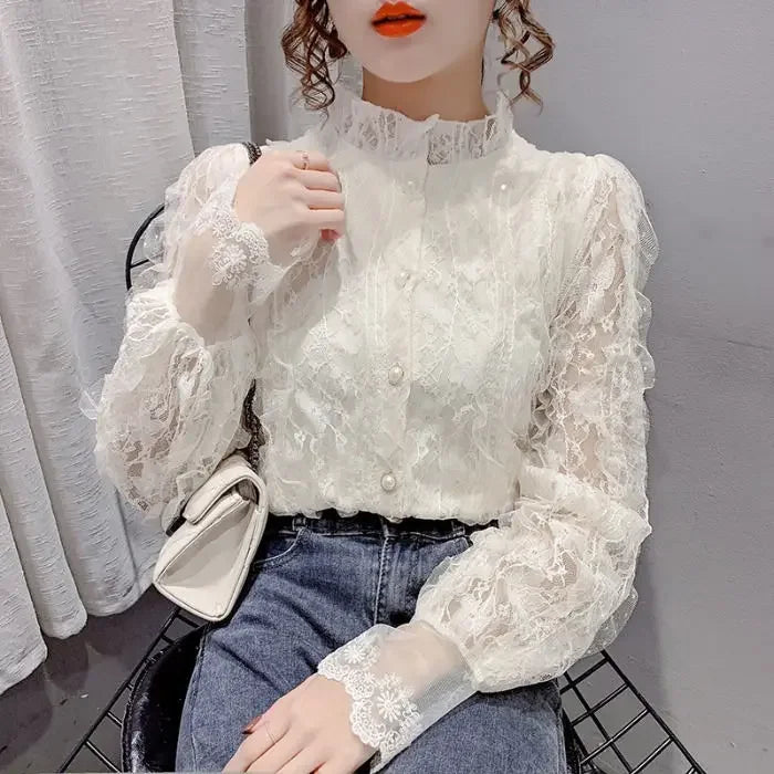 Blouse Women Shirt Lace Long Sleeve Women's Clothing Spring Lantern Sleeve Stand Collar Cardigan Top Blusas Mujer De Moda