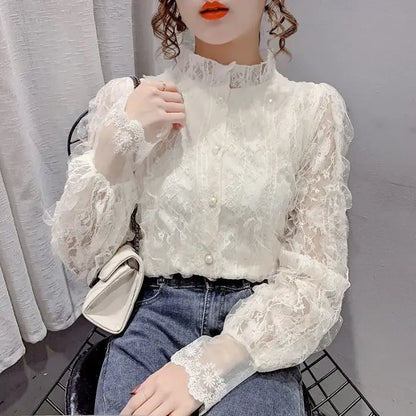 Blouse Women Shirt Lace Long Sleeve Women's Clothing Spring Lantern Sleeve Stand Collar Cardigan Top Blusas Mujer De Moda