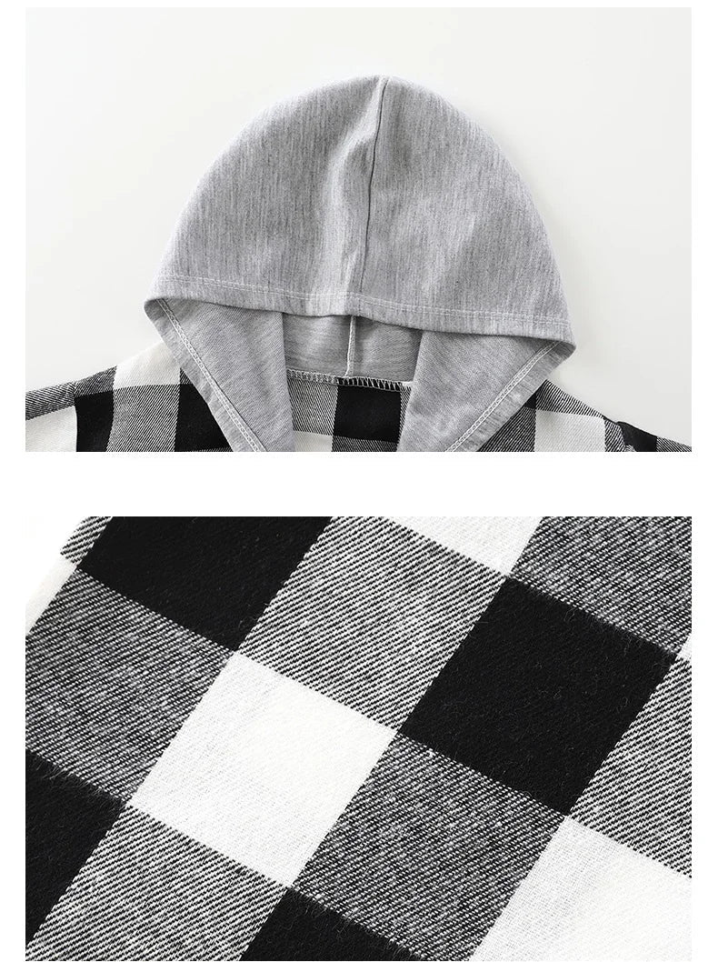 Spring and Autumn Children's Coat Plaid Boy Shirt Hooded Plaid Shirt 2-12 Year Old Girl Long Sleeved Coat Baby Clothes