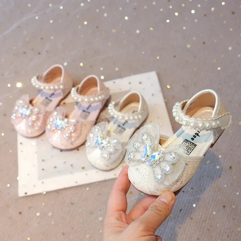 Baby Girls Leather Shoes  Spring Summer Children Casual Half Sandals Sequins with Crystal Butterfly Fashion Princess Sweet