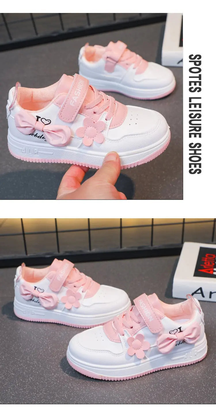 Girls Sneakers Pink Bow Decoration 3D Flowers Cute Sports Shoes Spring Autumn Breathable Casual Non-slip Outdoors Board Shoes