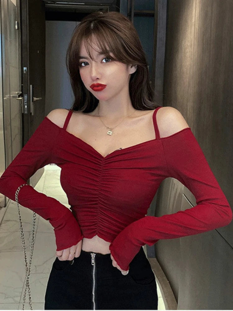 Slash Neck T-Shirts Women Sexy Lady New Design Solid Shirring All-match Футболка Женский Summer Slim Cozy Ins Chic Korean Trendy