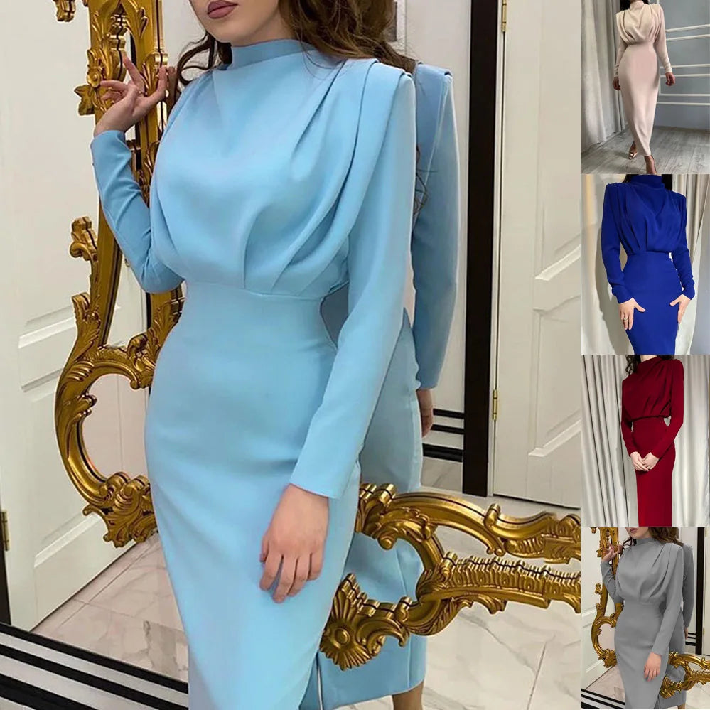 Women's Spring New Dresses with European and American Temperament, Waist Wrapped Solid Color Long Skirt, Long Sleeves, Round Nec