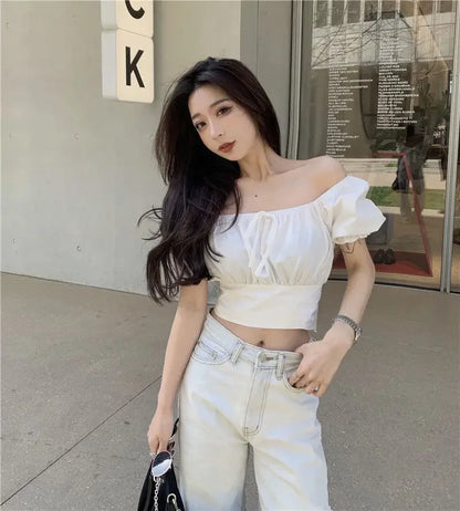2025 Fashion New Pearl Chain Shirt Women Summer French Bow Backless White Blouse Sweet Puff Sleeve Crop Top Female