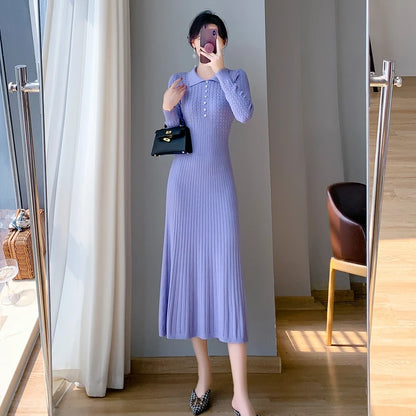 Sweater Dress Women New 2025 Autumn Winter Purple White Or Black High Waist A Line Dress Elegant Long Knitted Dress