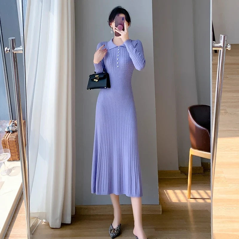 Sweater Dress Women New  Autumn Winter Purple White Or Black High Waist A Line Dress Elegant Long Knitted Dress (Available)