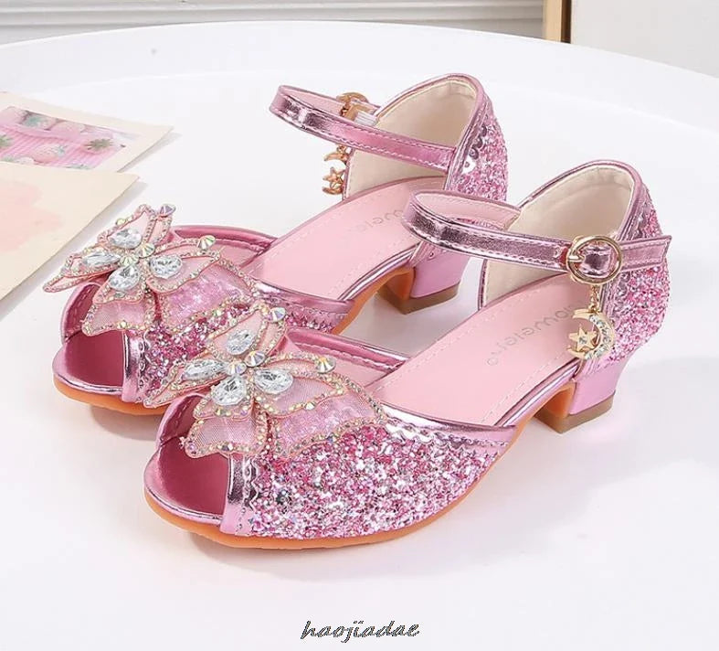 Summer High Heels Shoes for Girls Pageant Kids Sandals Child Mary Jane Shiny Princess Party Dress Up Shoes Purple Gold Pink Blue