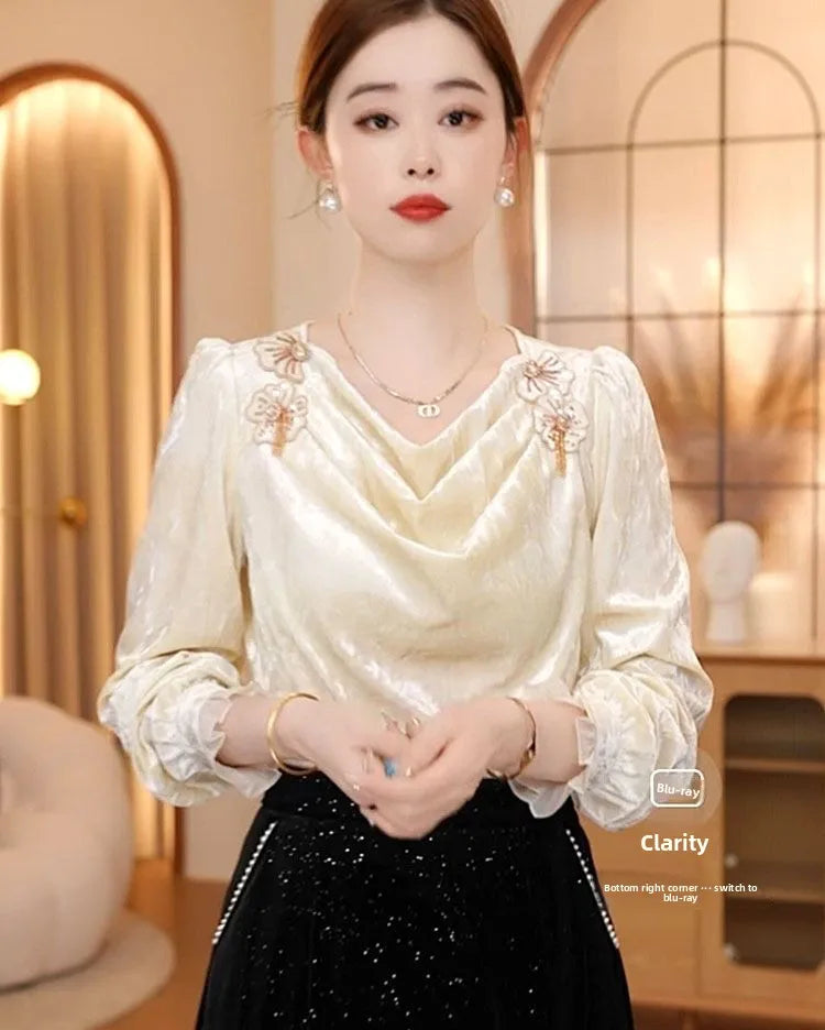 Faionable Floral Patchwork Long Sve irt Women's Winter Luxury Sle Ele Top French Sle Loose Fit Polyester Fiber
