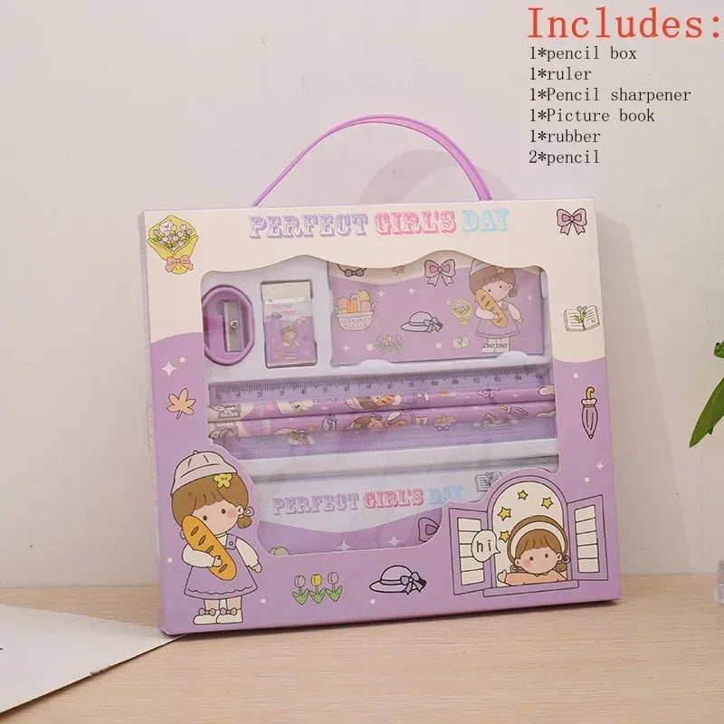 Stationery Gift Cartoon  Student Stationery Set Pencil Eraser Ruler Pencil Sharpener Pencil Case Drawing Book Multifunction