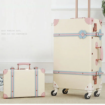 2024 New Retro white pink blue Travel Bag Rolling Luggage sets,13 inch Women Trolley Suitcases vs handbag with Wheel