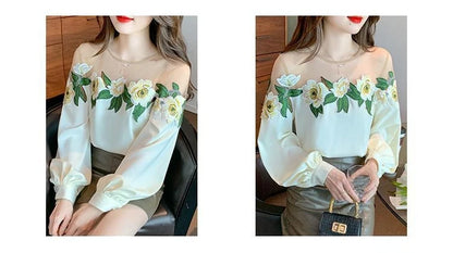 Fashion Women's Blouse Shirt Patchwork Long Sleeve Mesh Perspective Embroidered Flowers Chiffon Shirt Sexy Apricot Floral Shirt