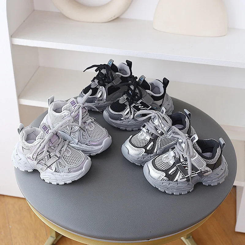 Children Sport Shoes Spring Autumn Kids Sneakers Soft Breathable Mesh Shoes Boys Girls Lace-up Running Shoes Gray, Black