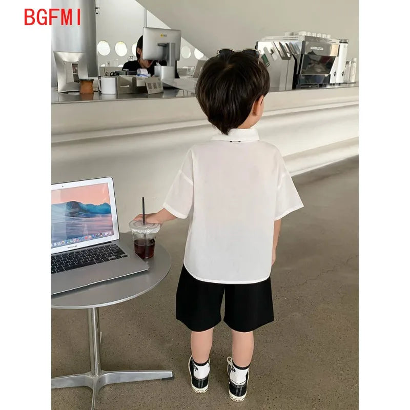 Teens Boys Summer Set Children's Wear Thin 2025 New Handsome British Style Boy White Cotton Short Sleeved Shirt+Black Shorts+Tie
