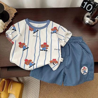 Summer Children Clothes Boys Girls Short-sleeved Striped T-shirt +Shorts 2Pcs Set Babies Fashion Round Neck Outfits Kids Suits