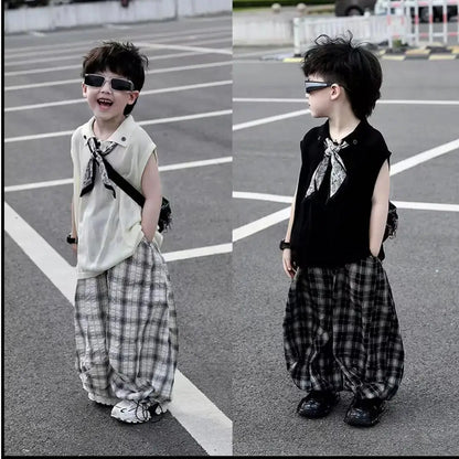 Summer Baby Boys 2Pcs Sleeveless Lapel T-shirt Top+ Thin Grid Pants Suit Children Outfit Fashion Casual Sets Handsome Clothes