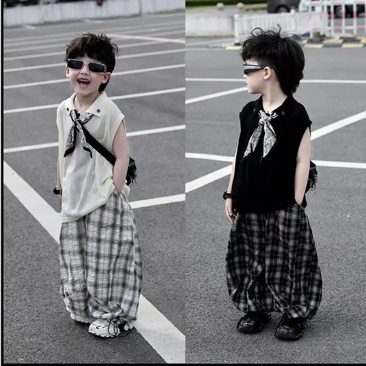 Summer Baby Boys 2Pcs Sleeveless Lapel T-shirt Top+ Thin Grid Pants Suit Children Outfit Fashion Casual Sets Handsome Clothes