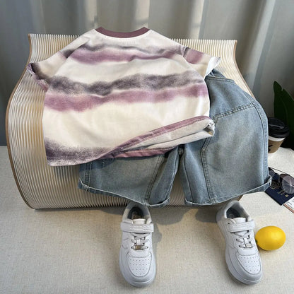 New Boys Fashion Summer Cotton Letter Printing T-shirts+Graffiti Denim Shorts 2pcs Set Kids Korean Outfits Sets Children Clothes