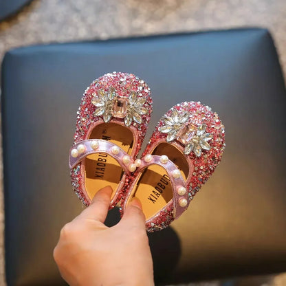 Toddler Kids Princess Shoes Shiny Crystal Girls Flats Sweet Glitter 2025 New Fashion Baby Walking Shoes Soft Bottom Non-slip