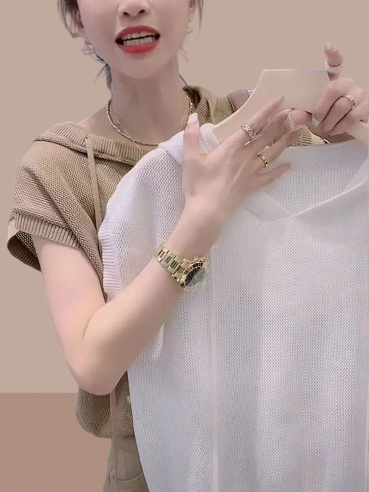 Hooded Knitted Ice Silk ort Sve T-irt Casual Versatile Retro Women's Summer Faion Top Breathable Comfortable round Ne