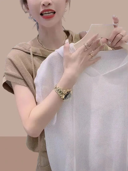 Hooded Knitted Ice Silk ort Sve T-irt Casual Versatile Retro Women's Summer Faion Top Breathable Comfortable round Ne