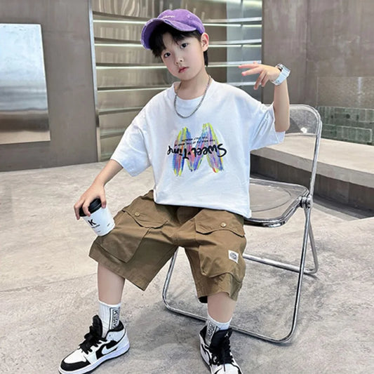 Clothing Sets Big Children Short-sleeved Top+Shorts Suits Teenager T-shirt Loose Sports 2Pcs Outfits