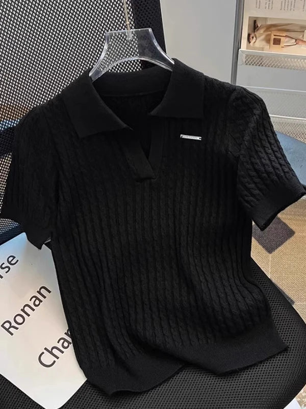 White  irt ort Sve Knitted Top Women's oulder Straight Summer T-irt Commute Sle Korean Version Straight Tube