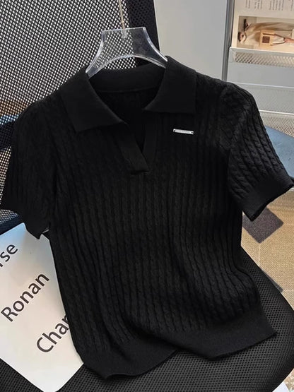 White  irt ort Sve Knitted Top Women's oulder Straight Summer T-irt Commute Sle Korean Version Straight Tube