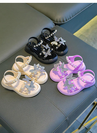 Kids' Sandals PU Leather Sequin Peep Toe Summer Outdoor Flat Shoes For Girls Breathable Anti-slip White Purple Pink