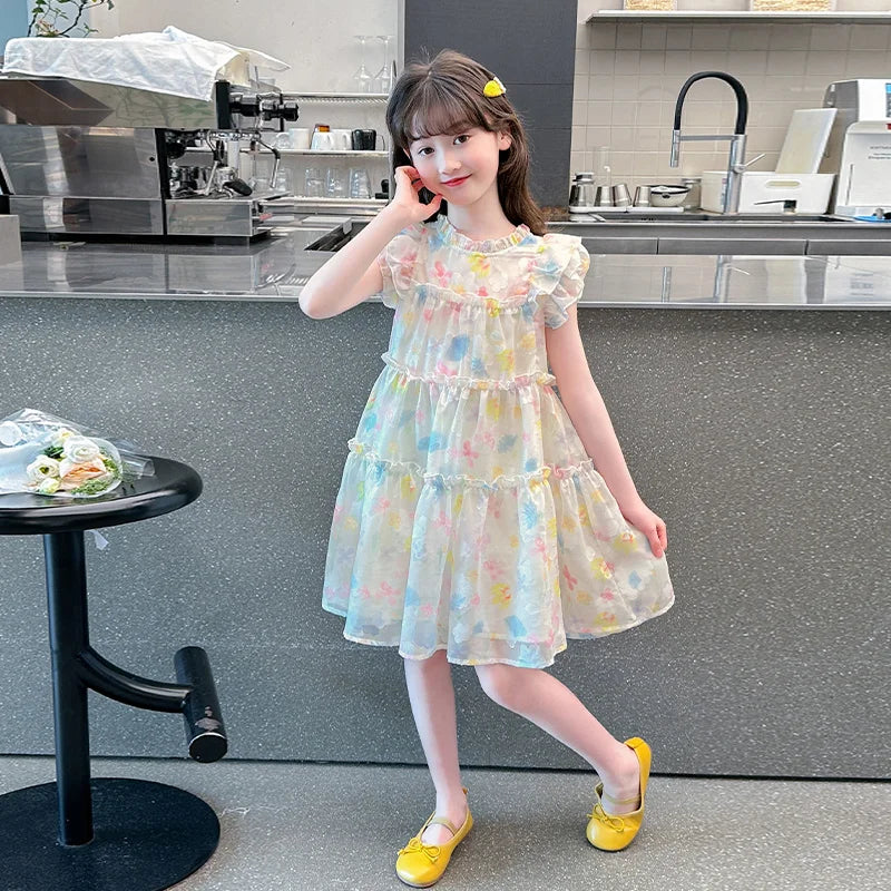 Summer girl's dress new style children's Western style floral chiffon princess dress printed baby's park play skirt