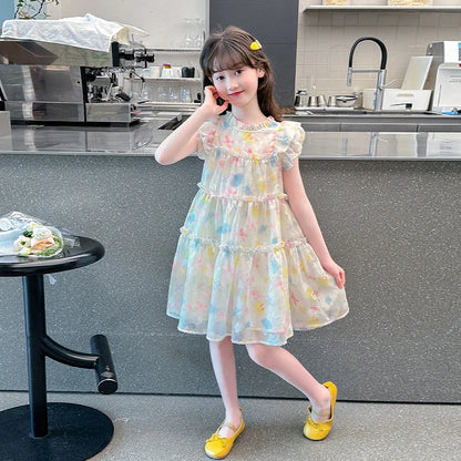 Summer girl's dress new style children's Western style floral chiffon princess dress printed baby's park play skirt