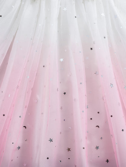 A cute and dreamy round-neck vest dress with star and moon sequin gradient print tulle for girls in summer