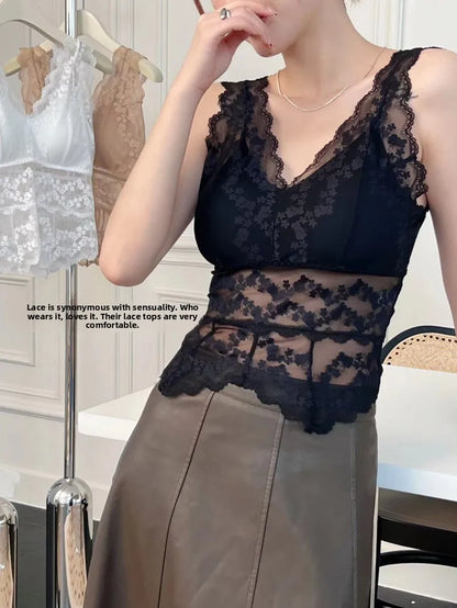 Lace White Strap Vest Women Summer Outdoor Wear with Chest Pad Beautiful Ba Base Inner Match V-ne Svel Top Women