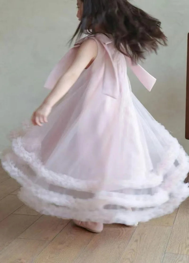 Korean Girls Party Dresses Edition Girls Sleeveless Bow Solid Color Sweet and Gentle Princess Dress Childrens New  Trend