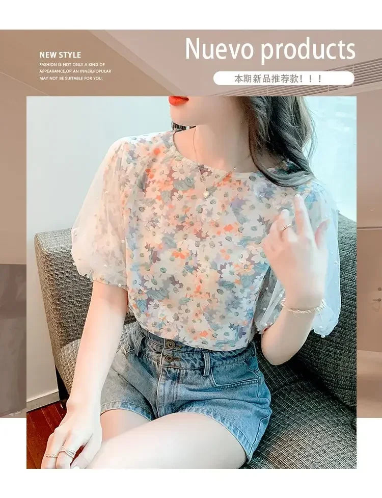 Floral Short-sleeved Chiffon Women's New Puff Sleeve Top Chic and Fashionable Shirt