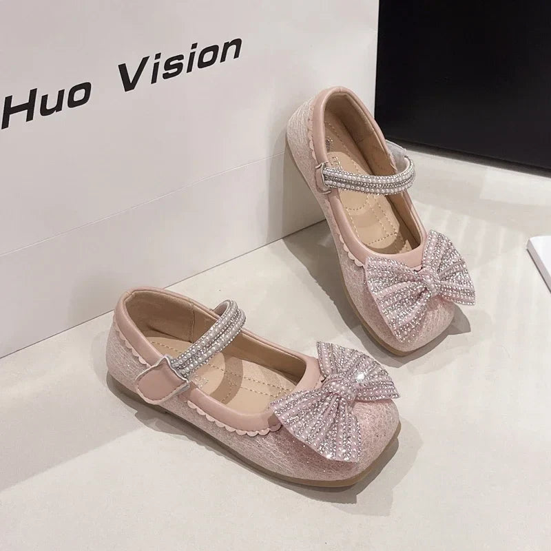 Children's Leather Shoes Bling Sequins Bowknot Princess Shoes for Girls Sweet Chic Kids Causal Wedding Shallow Versatile