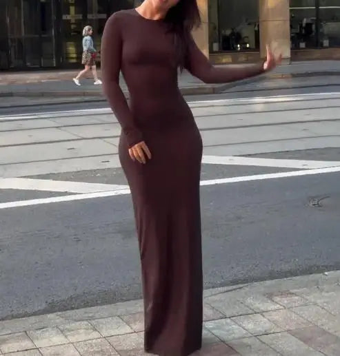 Womens Dresses 2025 Spring Autumn New Fashion Sexy Skinny Hip Hugging Comfortable Solid Color Casual Round Neck Long Dress