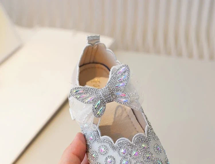 Girls Crystal Princess Footwear Comfortable Flat Sole Leather Shoes for Kids Glittering Rhinestone Design