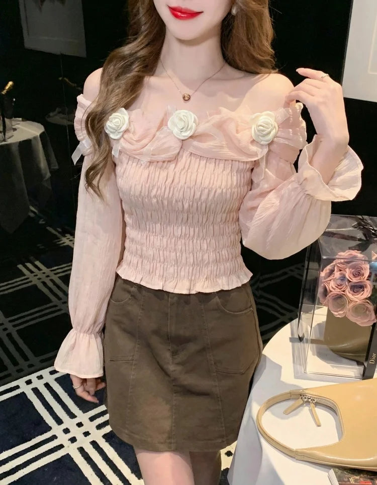 Sweet oulder One-oulder 3D Flower Bell Sve Women's irt Spring New Sle Waist Cinching Beautiful Top Ci Walk ort...
